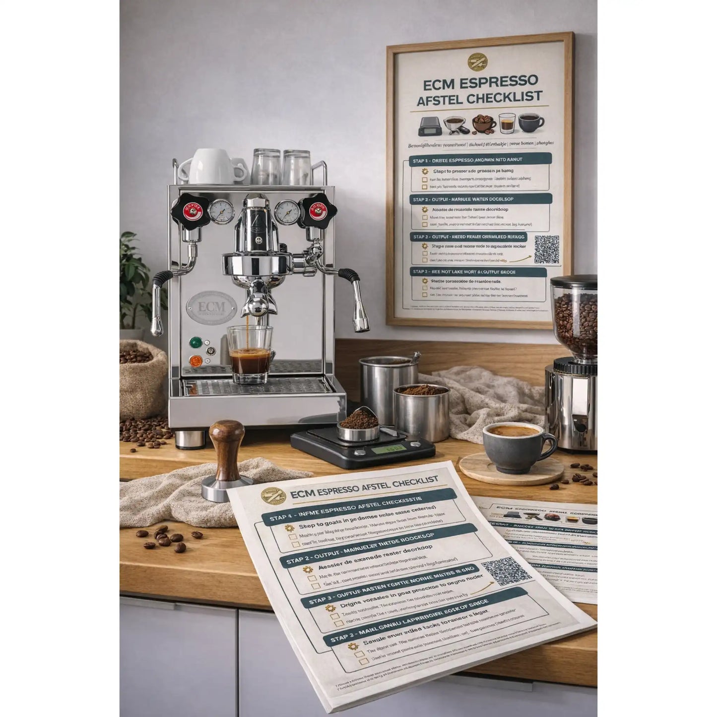 ECM Mechanika espressomachine op houten keukenblad met ingelijste espresso afstel checklist aan de muur en uitgeprinte checklist naast weegschaal, koffiemolen en vers getrokken espresso.