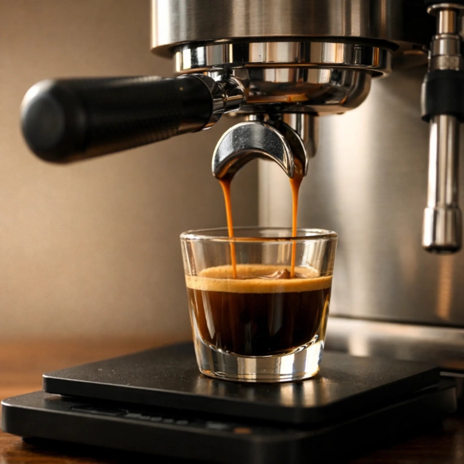 Close-up van een thuis-espressomachine die een espresso extraheert in een glazen shotglas op een digitale weegschaal.