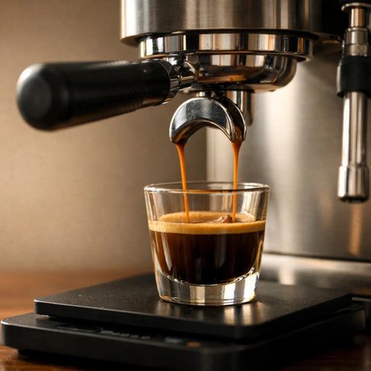 Close-up van een thuis-espressomachine die een espresso extraheert in een glazen shotglas op een digitale weegschaal.