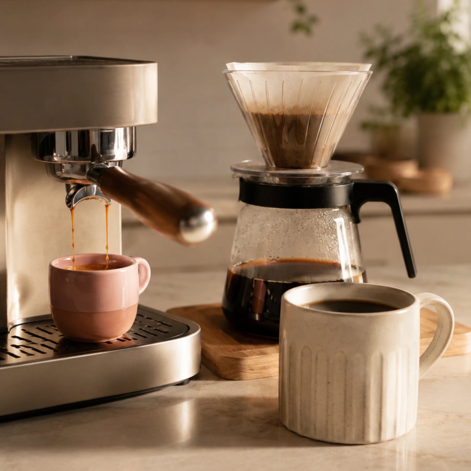 Espresso die uit een filterdrager stroomt en naast een v60 filterkoffie staat.