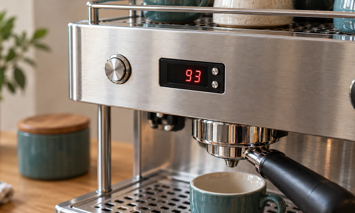 Close-up van een temperatuurdisplay met de waarde 93 op een espressomachine.