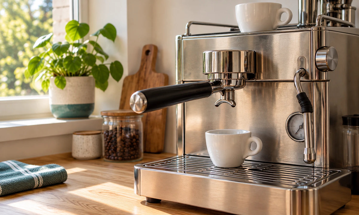 Espressomachine met vastgezette filterdrager, een kopje op het rooster en een kopje bovenop.