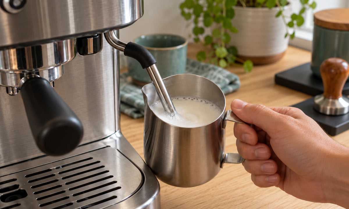 Een hand houdt een melkkan vast terwijl melk wordt opgeschuimd met de stoompijp.