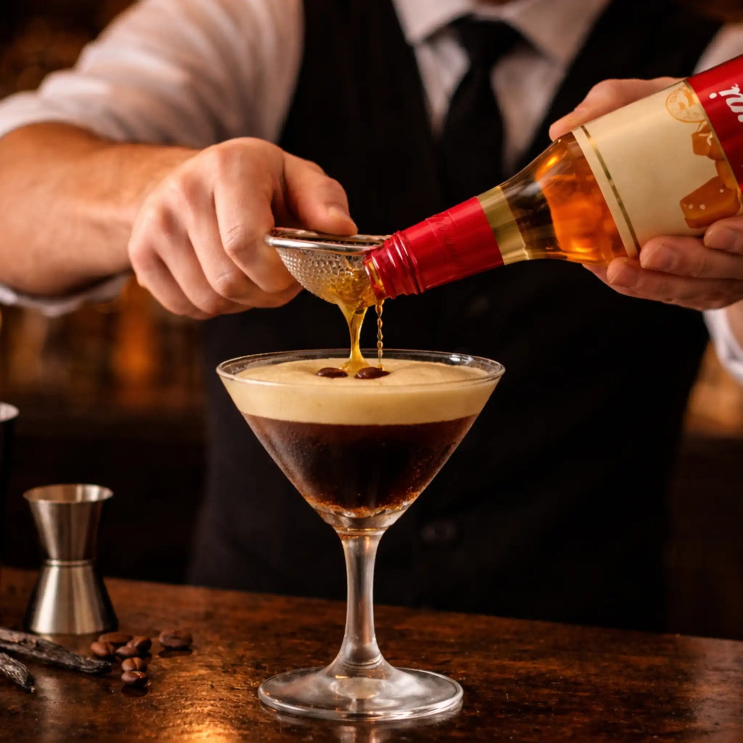 Bartender die Torani Caramel siroop toevoegt aan een Espresso Martini, waarbij de karamelsiroop in het schuim vloeit in een sfeervolle baromgeving.