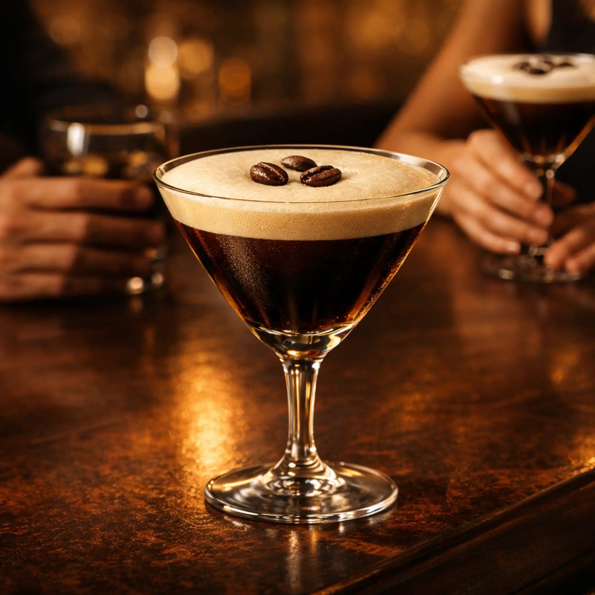 Twee Espresso Martini Vanilla cocktails op een barblad, met romige schuimlaag en koffiebonen, terwijl twee gasten aan de bar genieten in een warme avondsetting.