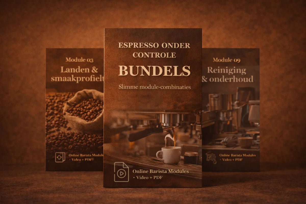 Collectie met online bundels uit de serie Espresso Onder Controle voor thuisbarista’s die betere espresso thuis willen zetten op de espressomachine
