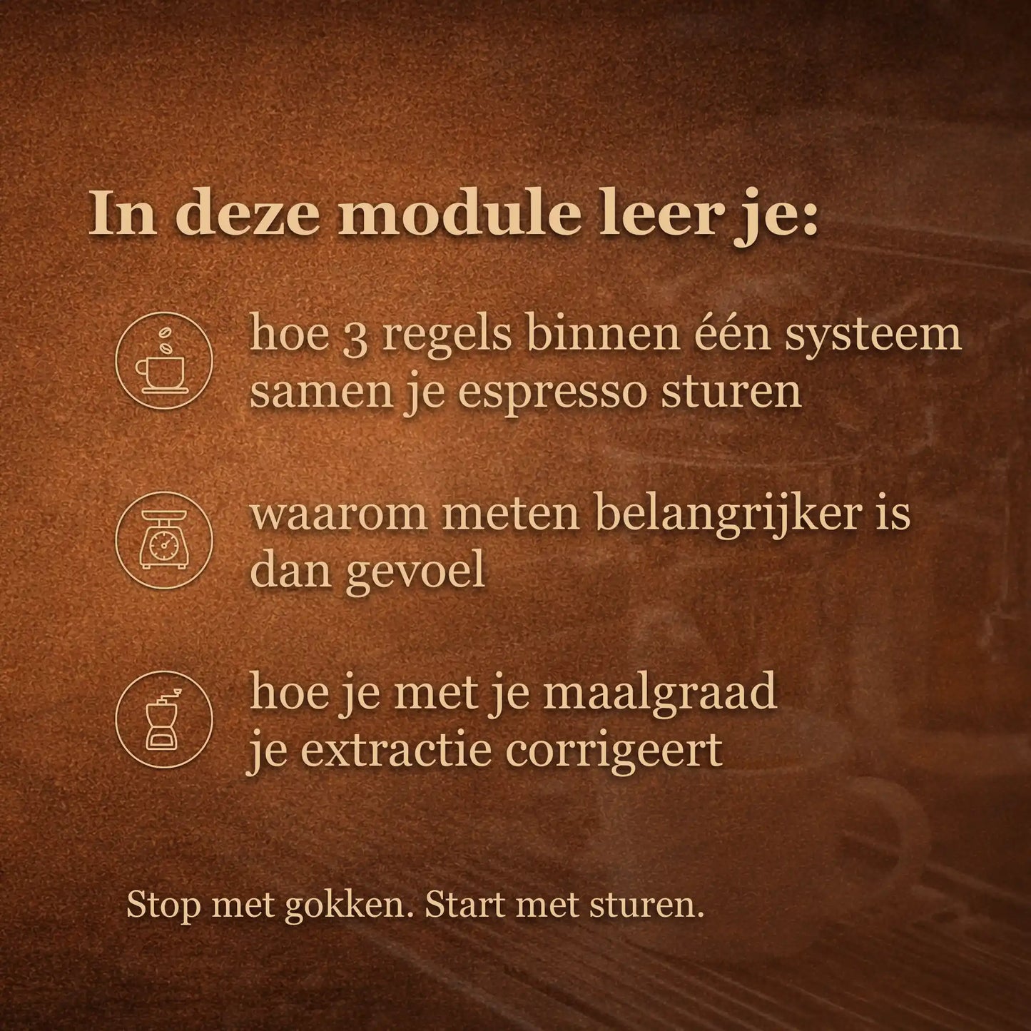 Overzicht van wat je leert over input output en tijd en hoe deze samen de espresso extractie sturen