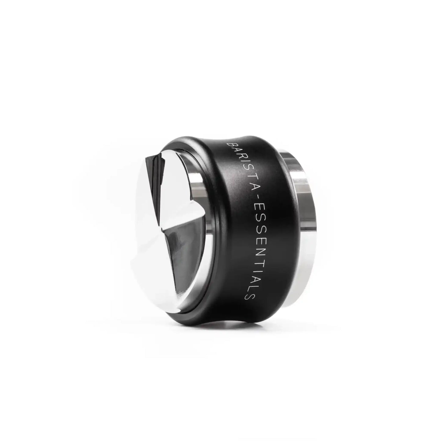 Zwarte espresso verdeler met tamper 58,5 mm voor nauwkeurige pasvorm in professionele portafilters. Espresso verdeler en tamper 58,5 mm in zwart gebruikt bij La Marzocco espressomachines voor consistente shots