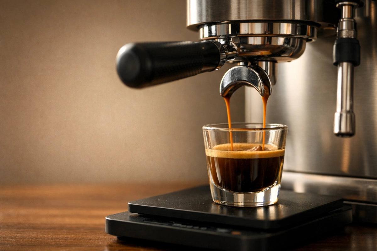 Espresso-shot uit halfautomatische espressomachine als beeld bij zure bittere of waterige espresso thuis