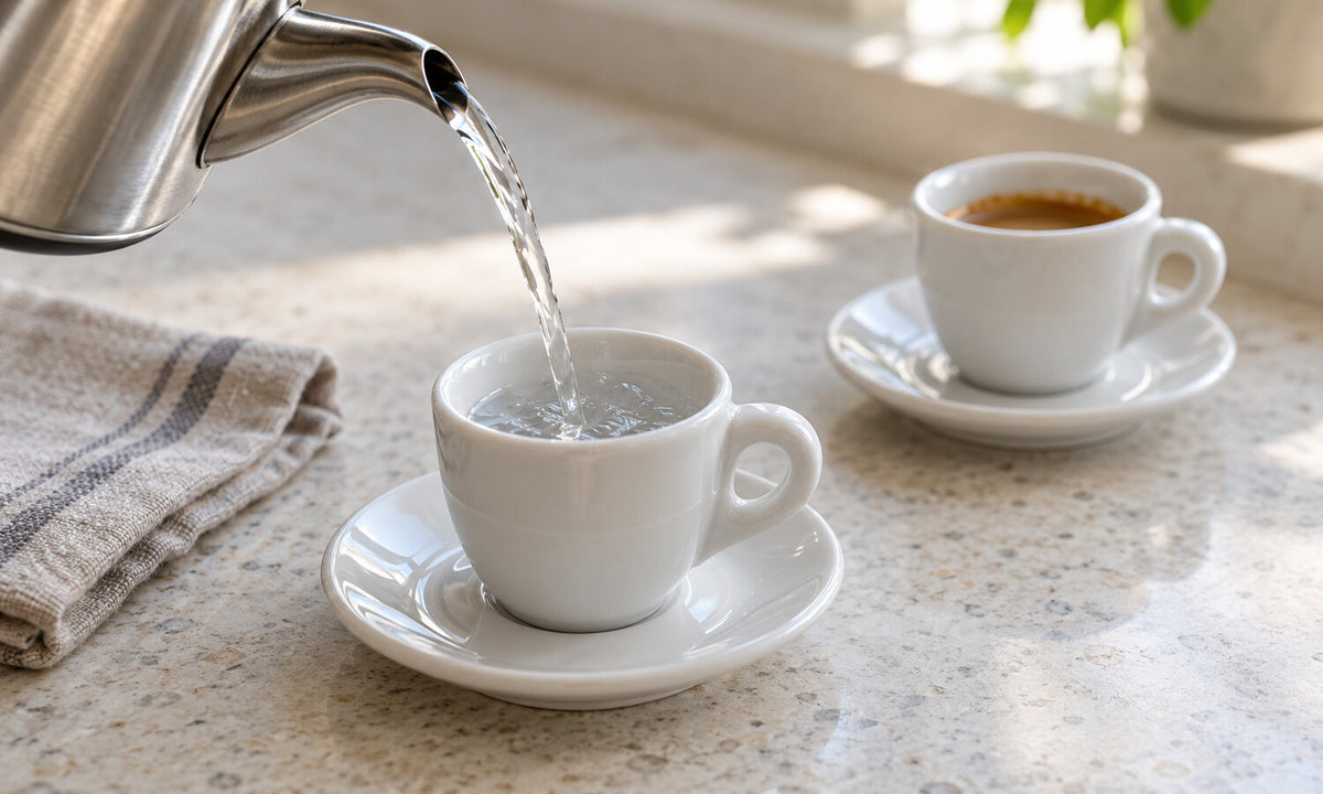 Een wit espressokopje wordt met warm water voorverwarmd