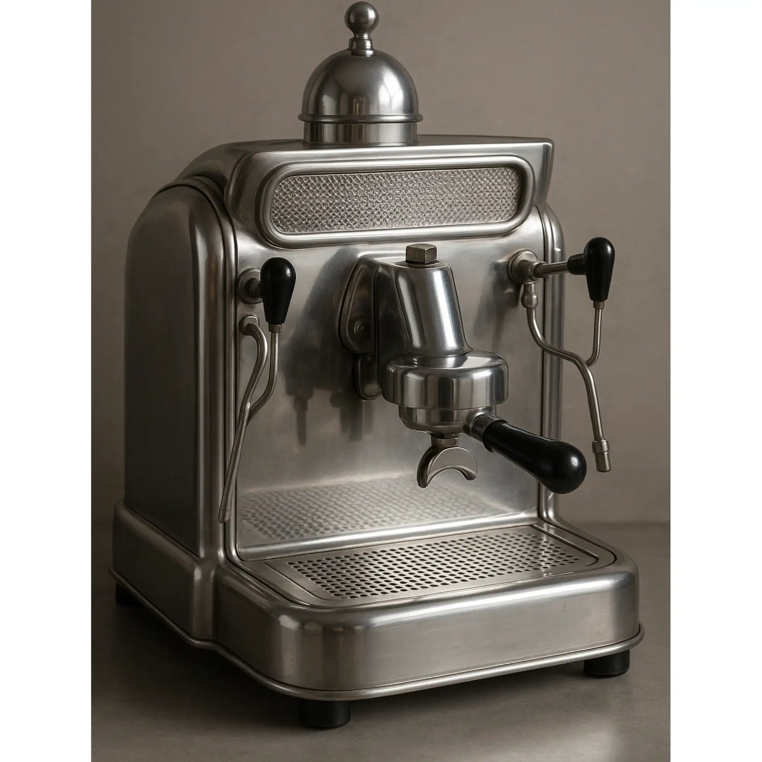vintage espressomachine uit 1961, met een glanzende metalen behuizing, klassieke zetgroep en retro bedieningselementen – ter illustratie van de oorsprong van de iconische E61 zetgroep.