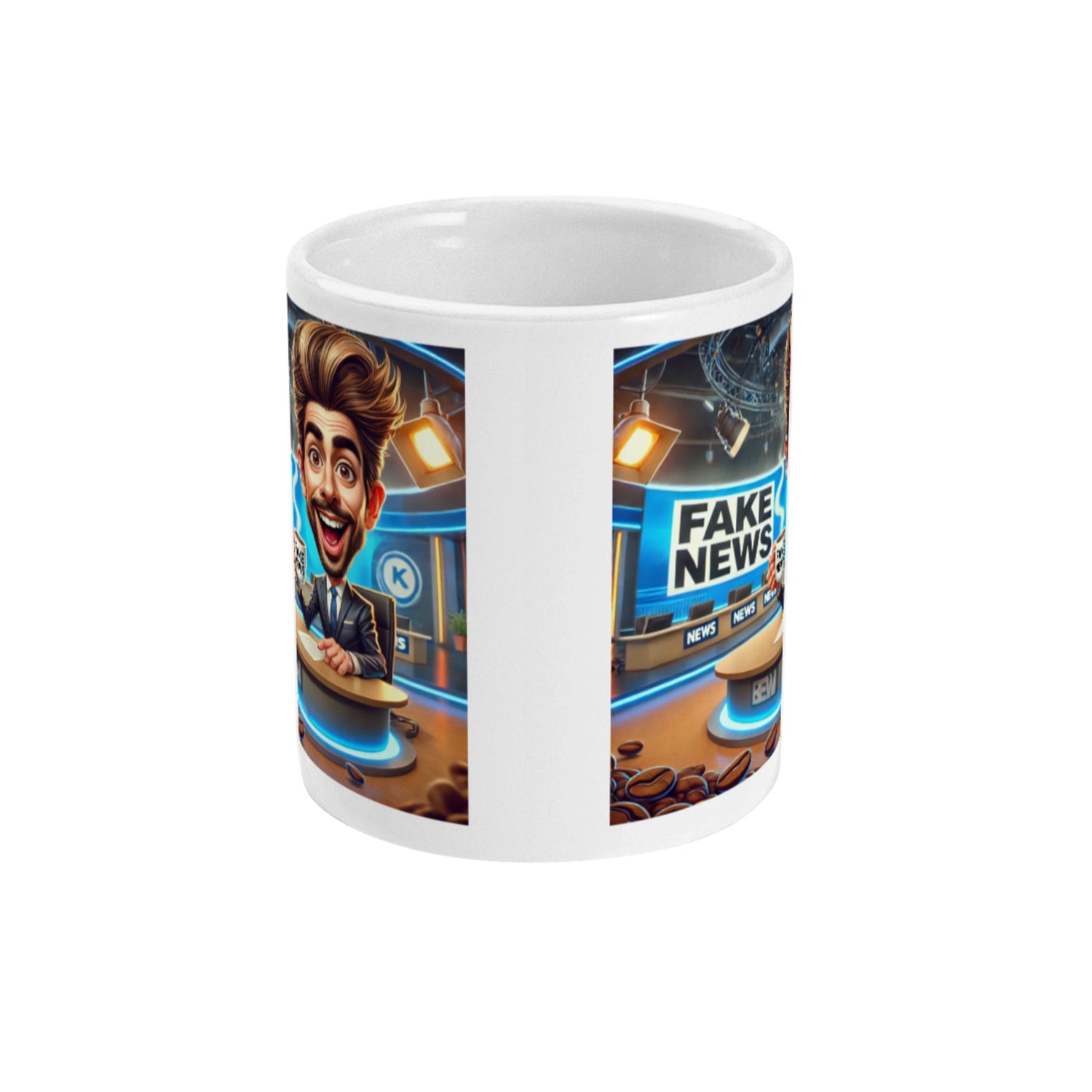 Koffiemok met tekst Fake News en  presentator in nieuwsstudio op ceramische witte mok