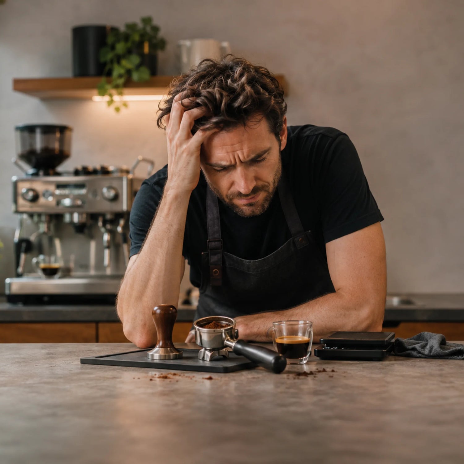 Gefrustreerde thuisbarista in keuken bij espressomachine met portafilter, tamper en espresso na mislukte extractie