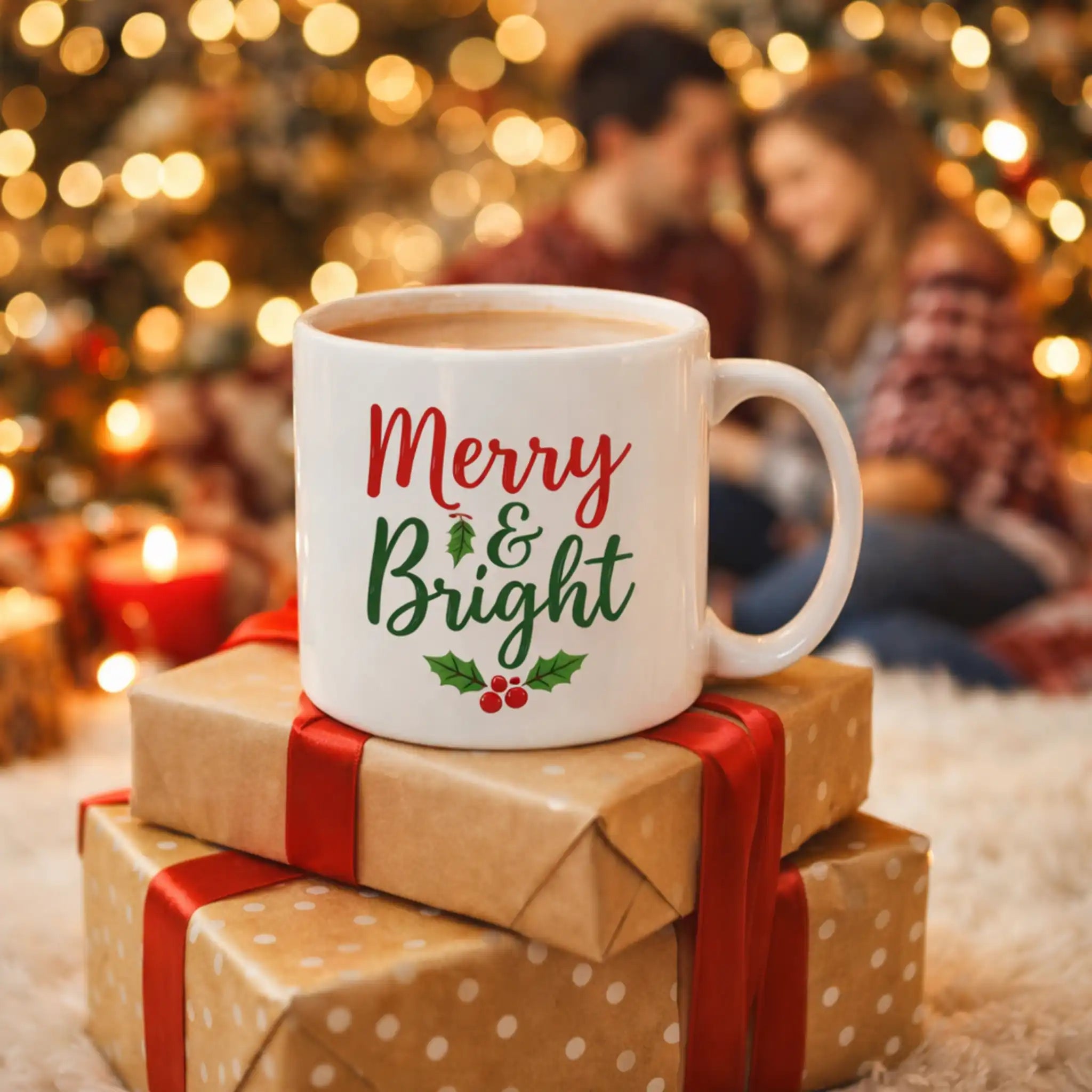 Gepersonaliseerde koffiemok met kersttekst “Merry & Bright” als origineel kerstcadeau, sfeervol gepresenteerd op cadeaus met warme kerstverlichting.