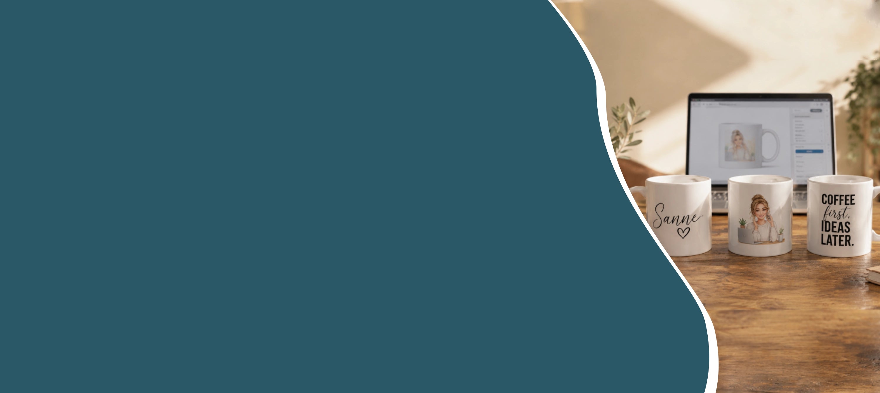 Hero banner van gepersonaliseerde koffiemokken met naam, foto en tekst als voorbeeld voor een gratis mokontwerp via De Barista Shop.