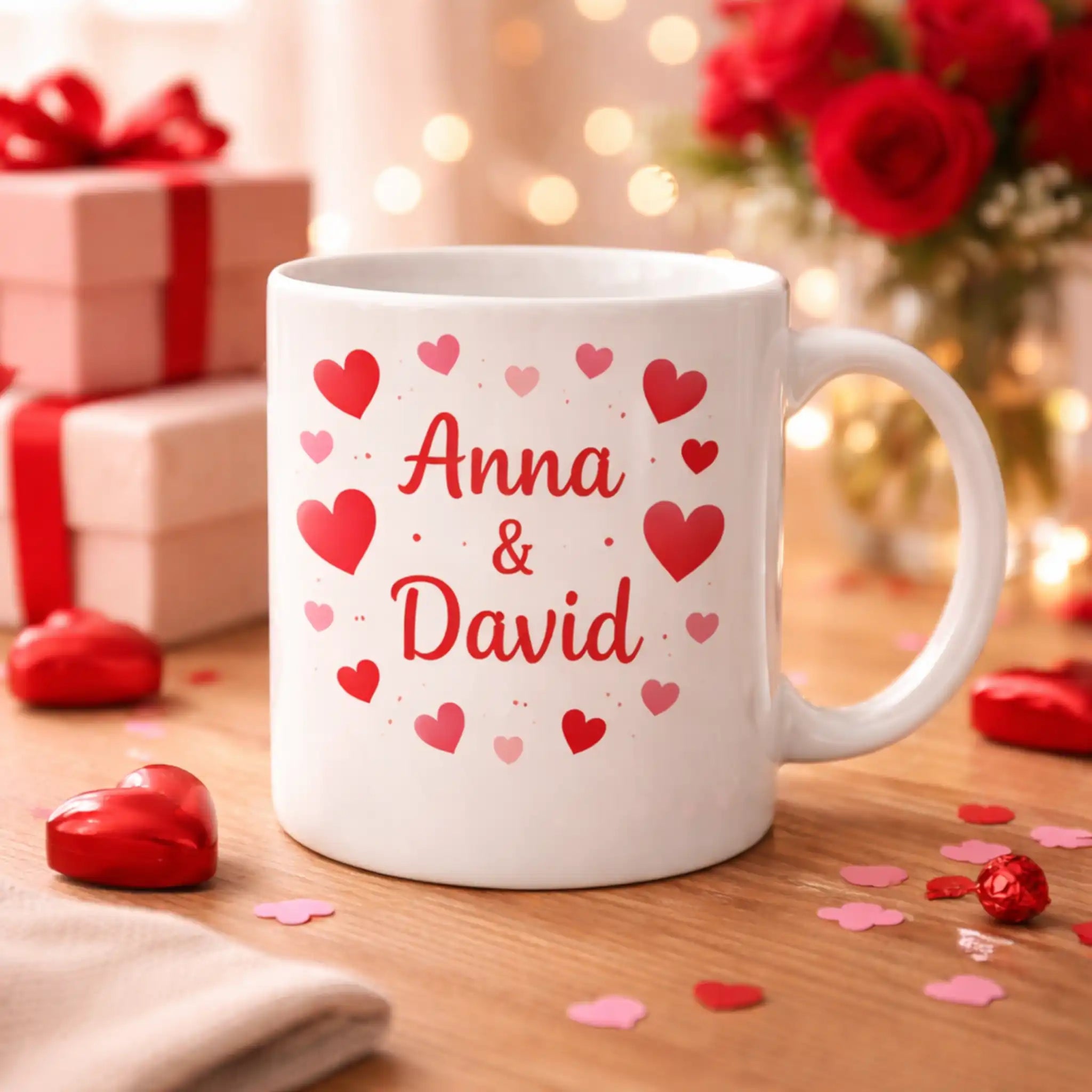 Gepersonaliseerde Valentijnsmok met hartjes en twee namen, uniek koffiemok cadeau voor Valentijn