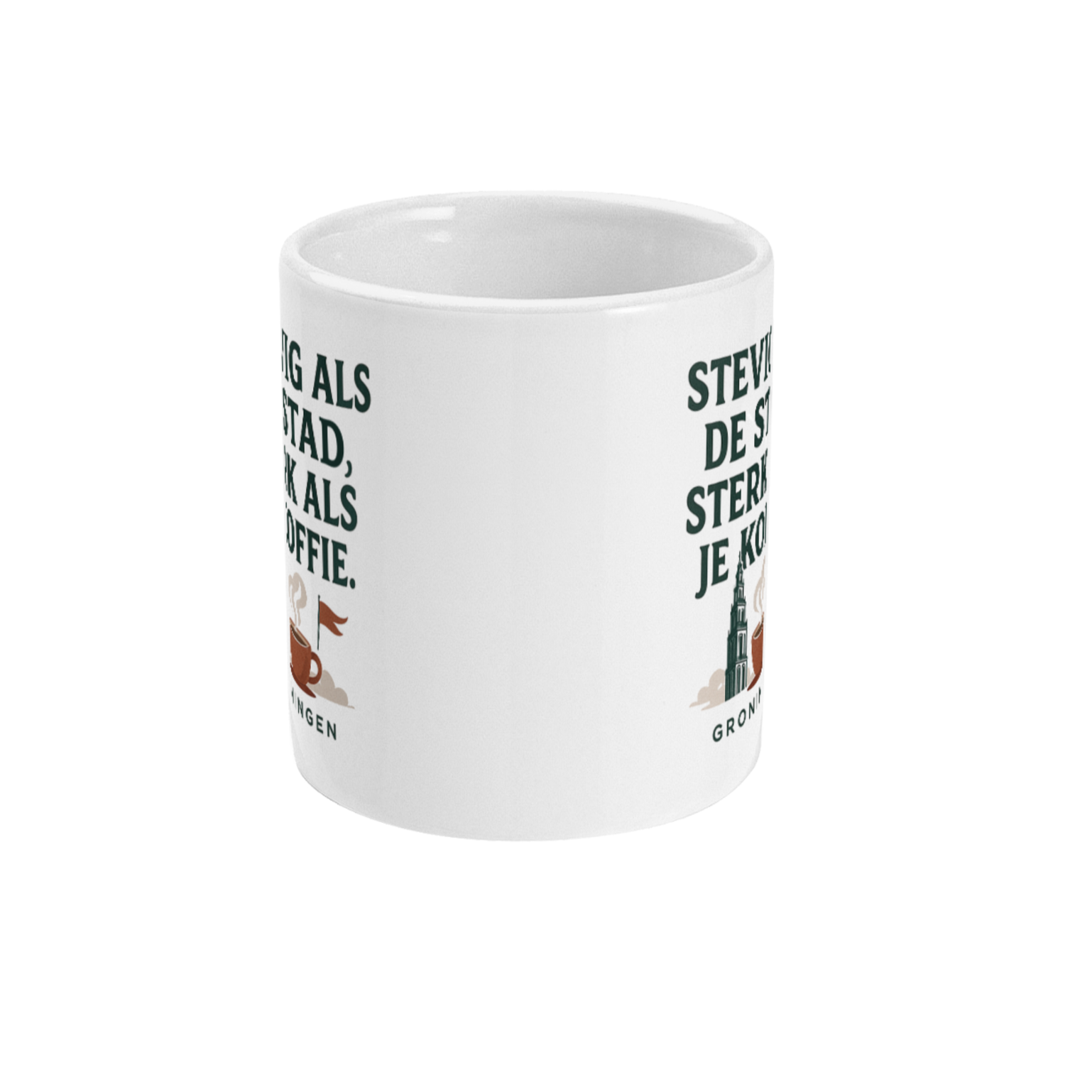 Voorkant van de Groningen koffiemok met quote "Stevig als de stad, sterk als je koffie" en illustratie van de Martinitoren met koffiekopje.