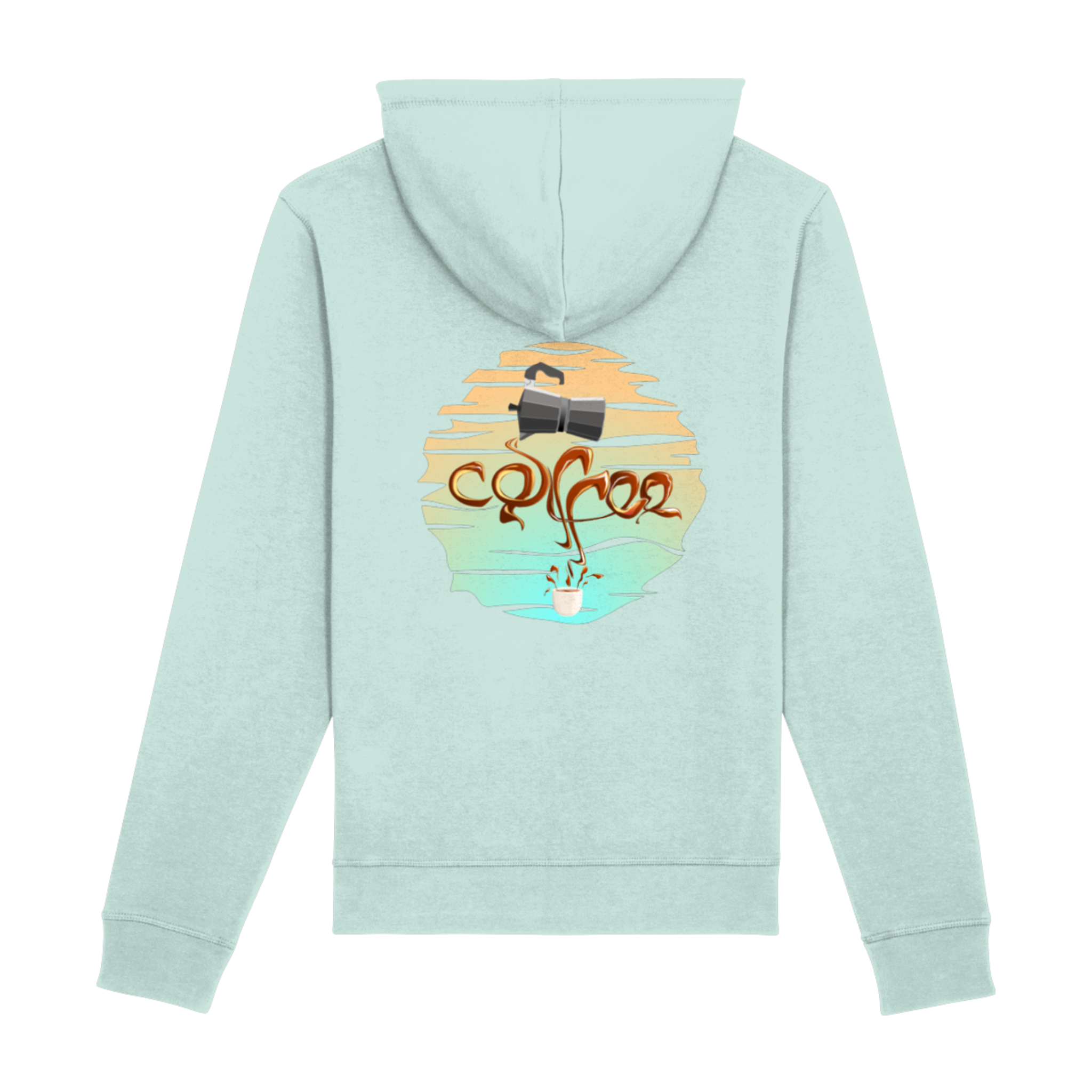 Achterkant van mintgroene Drummer 2.0 hoodie met kleurrijke koffie-art print – perfecte hoodie voor barista’s en koffieliefhebbers.