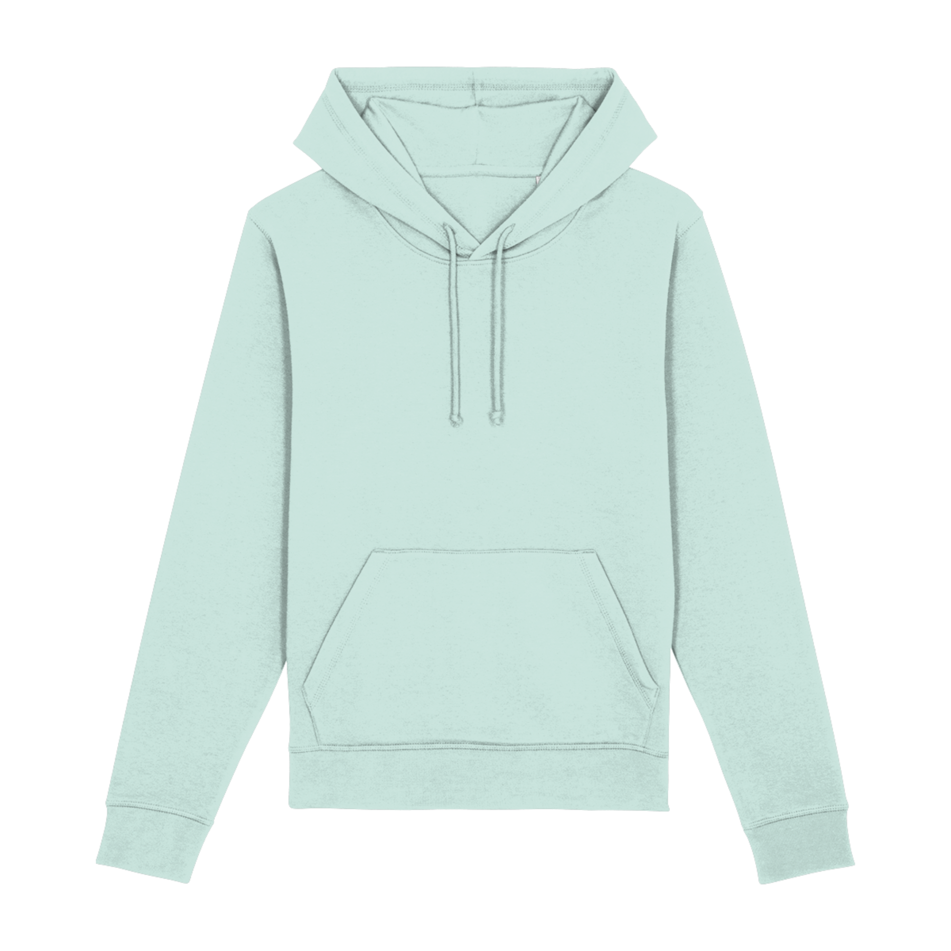 Voorkant van duurzame mintgroene hoodie met capuchon en kangoeroezak – ideaal voor koffieprofessionals en thuisbarista’s.