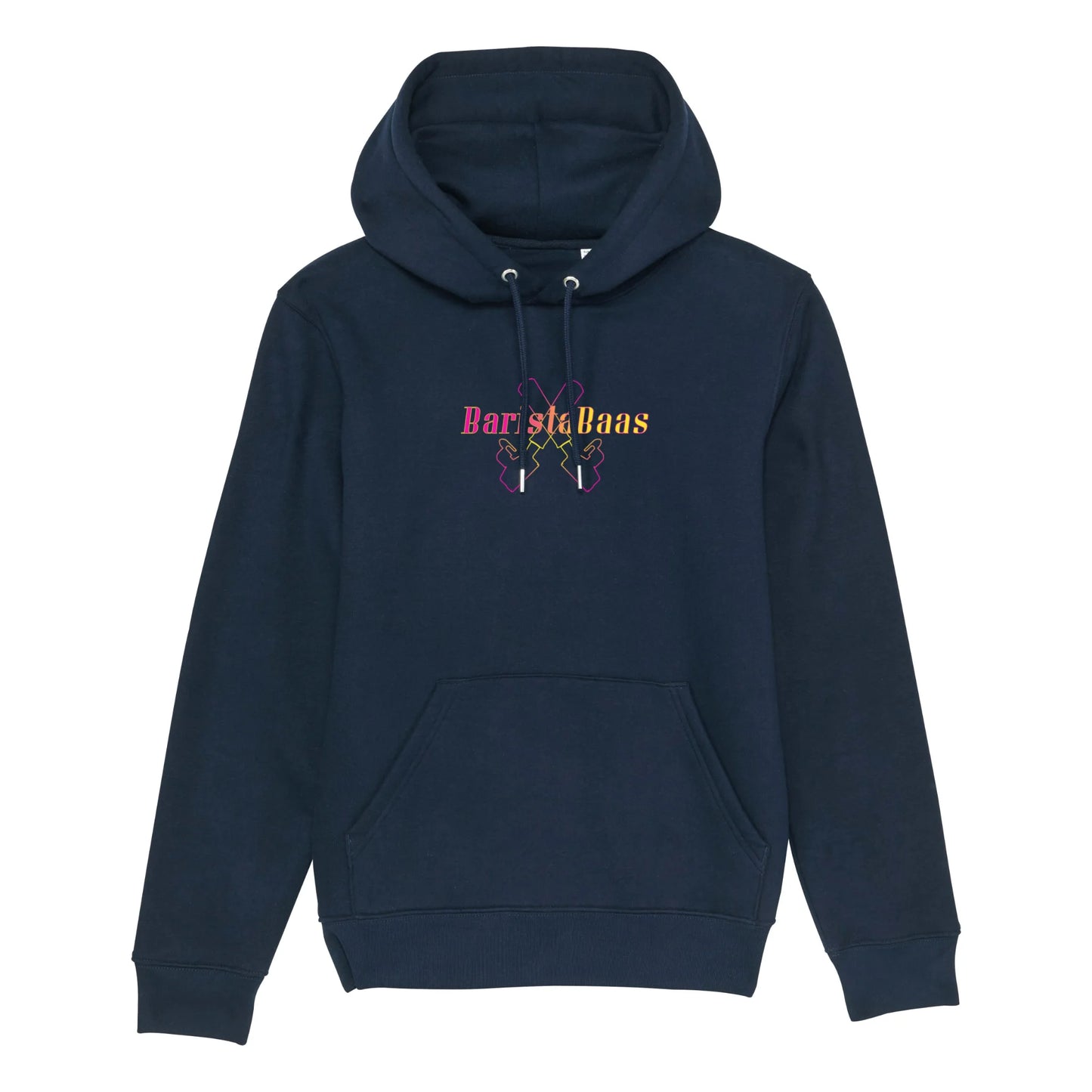 Hoodie blauw met koffie afbeelding van filterdrager portafilter en baristabaas tekst op voorkant.