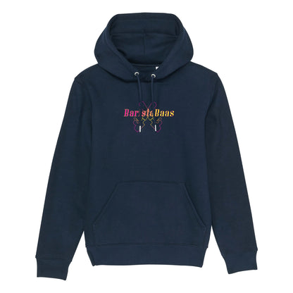 Hoodie blauw met koffie afbeelding van filterdrager portafilter en baristabaas tekst op voorkant.