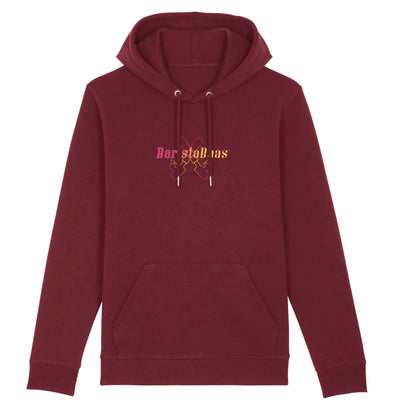 Hoodie burgundy met koffie afbeelding van filterdrager portafilter en baristabaas tekst op voorkant.