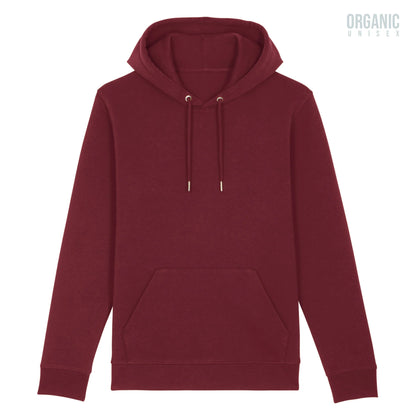 Hoodie biologisch organic burgundy rood met koffie thema Chemex afbeelding en Brilliant Brew tekst op achterkant van deBaristashop en Geertjandebaristaman. Productafbeelding voorkant.