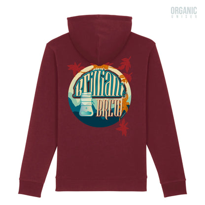 Hoodie biologisch organic burgundy rood met koffie thema Chemex afbeelding en Brilliant Brew tekst op achterkant van deBaristashop en Geertjandebaristaman. Productafbeelding achterkant.