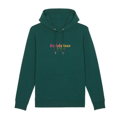 Hoodie groen met koffie afbeelding van filterdrager portafilter en baristabaas tekst op voorkant.