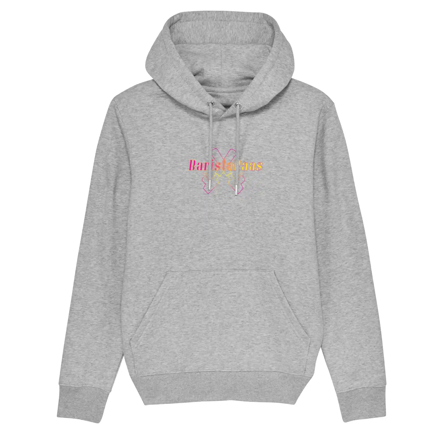 Hoodie heather grey met koffie afbeelding van filterdrager portafilter en baristabaas tekst op voorkant.