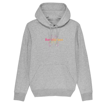 Hoodie heather grey met koffie afbeelding van filterdrager portafilter en baristabaas tekst op voorkant.