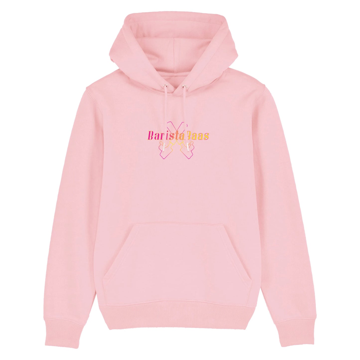 Hoodie roze met koffie afbeelding van filterdrager portafilter en baristabaas tekst op voorkant.