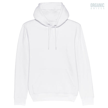 Hoodie biologisch organic wit met koffie thema Chemex en Brillant Brew tekst op de achterkant van deBaristashop en Geertjandebaristaman. Productafbeelding voorkant.