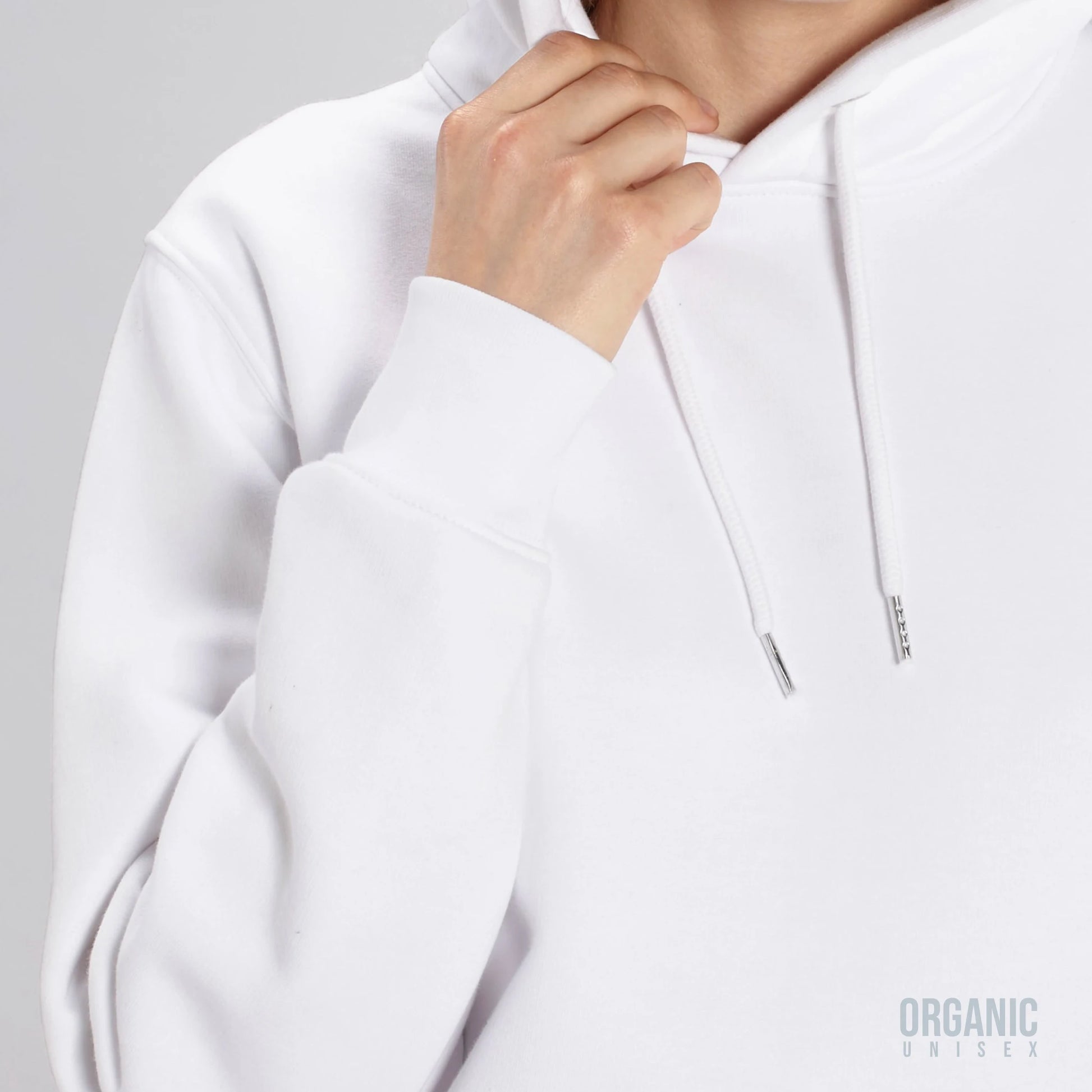 Hoodie biologisch organic wit met koffie thema Chemex en Brillant Brew tekst op de achterkant van deBaristashop en Geertjandebaristaman. Productafbeelding close-up voorkant.