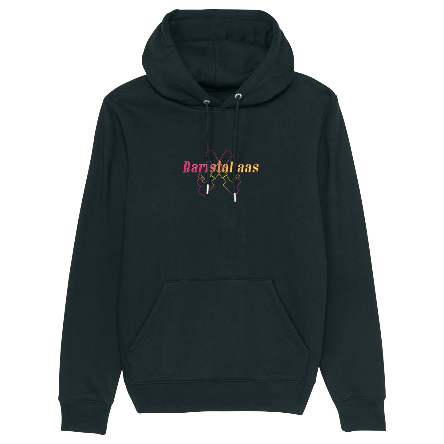 Hoodie zwart met koffie afbeelding van filterdrager portafilter en baristabaas tekst op voorkant.