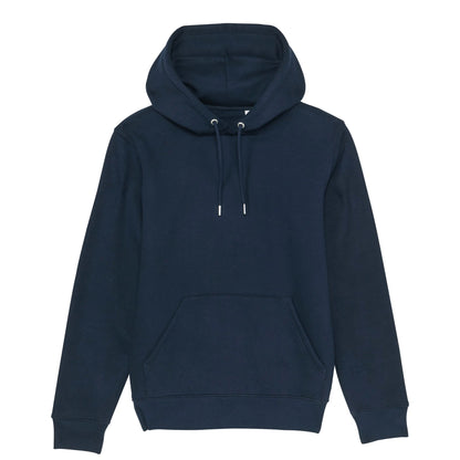 Hoodie organic blauw met grappige koffie tekst Coffee Set Go op de achterkant. Productafbeelding voorkant.