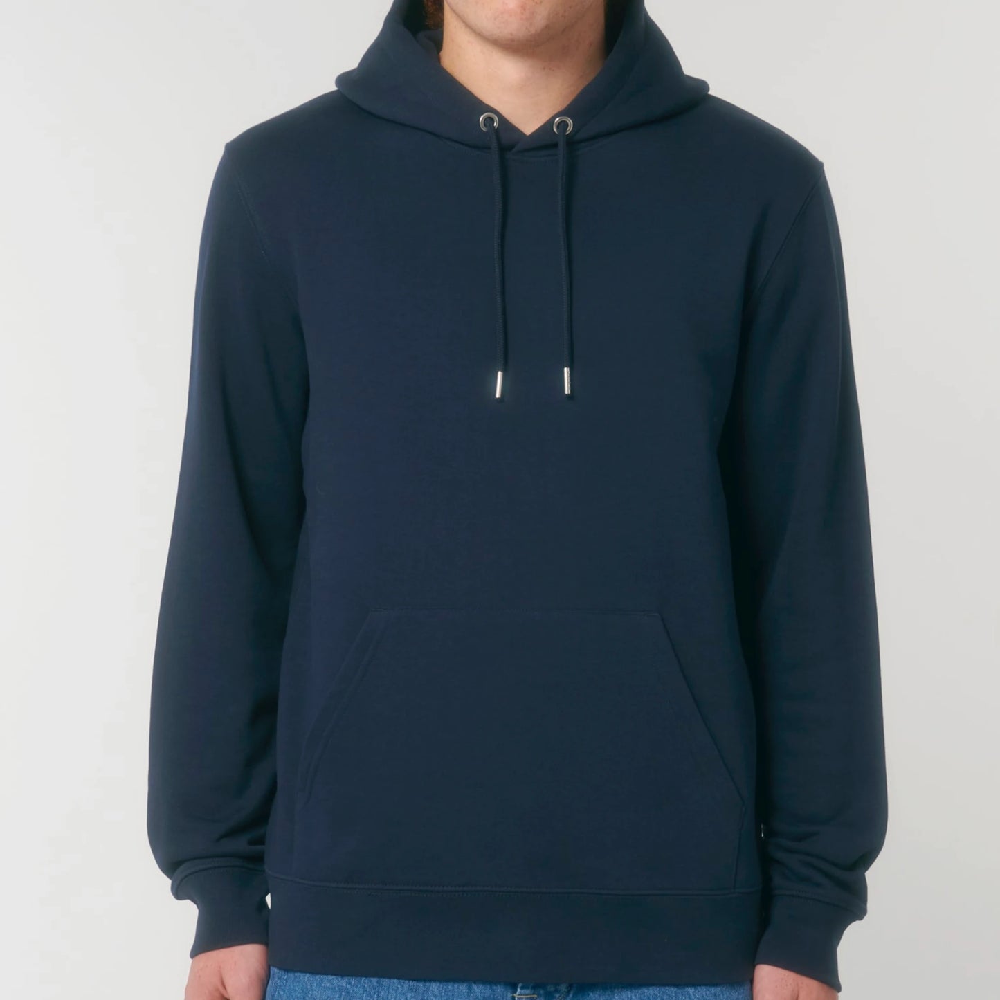 Hoodie organic blauw met grappige koffie tekst Coffee Set Go op de achterkant. Productafbeelding voorkant 2.