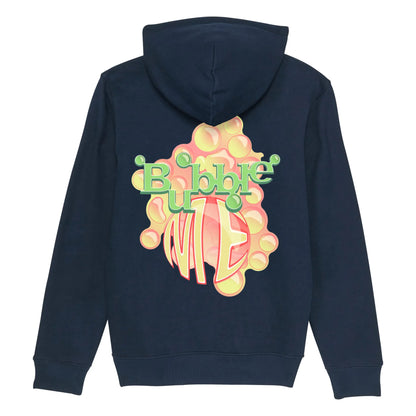 Hoodie organic blauw met koffie afbeelding Bubble Me quote op rug. Productafbeelding achterkant.