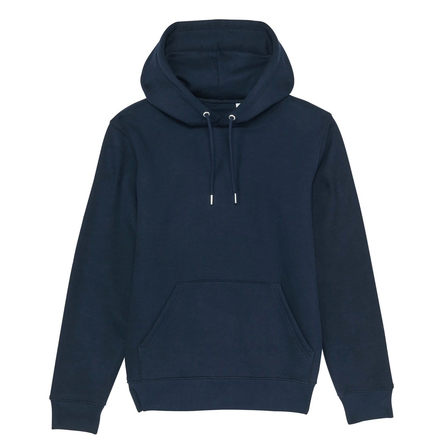 Hoodie organic blauw met koffie afbeelding van Chemex en quote op achterkant. Debaristashop en geertjandebaristaman. Productafbeelding voorkant 5.