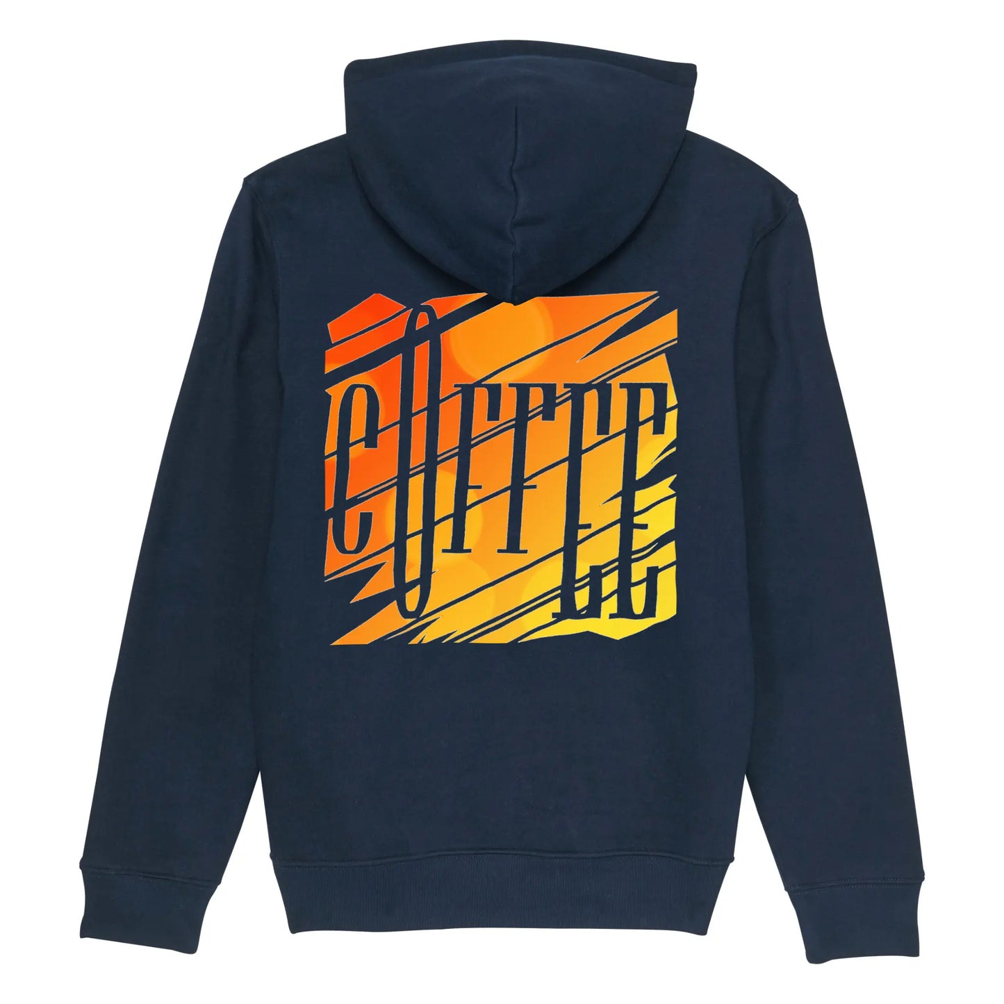 Hoodie organic blauw met unieke koffie print op rug. Productafbeelding achterkant.