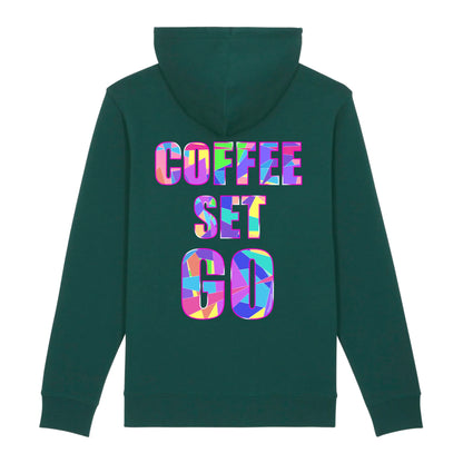 Hoodie organic groen met grappige koffie tekst Coffee Set Go op de achterkant. Productafbeelding achterkant.