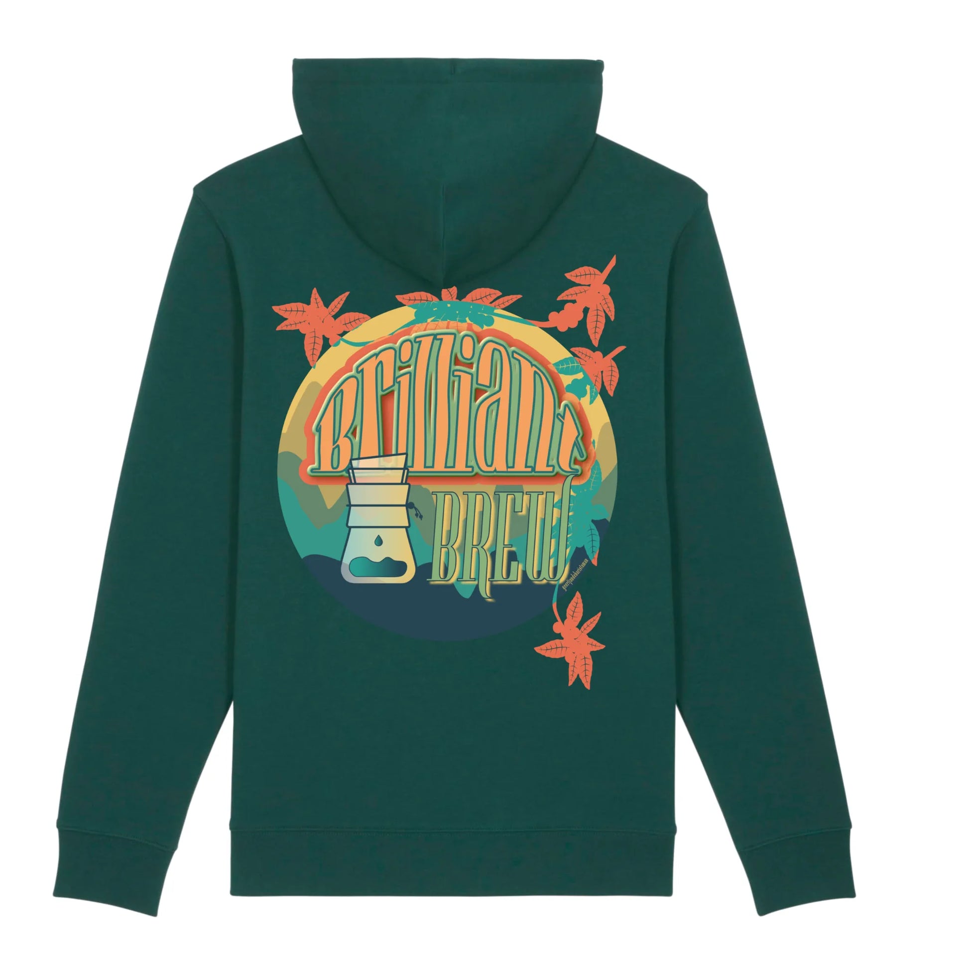 Hoodie organic groen met koffie afbeelding en tekst op achterkant van debaristashop en geertjandebaristaman. Productafbeelding voorkant.