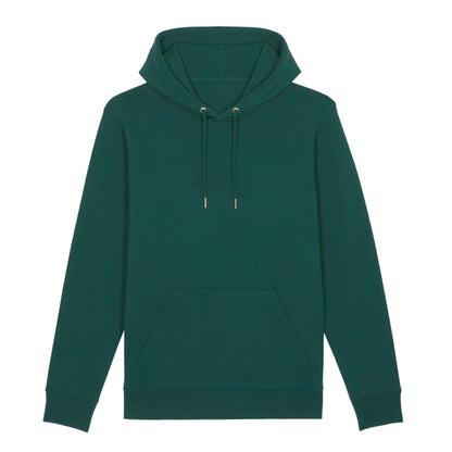 Hoodie organic groen met koffie afbeelding en tekst op achterkant van debaristashop en geertjandebaristaman. Productafbeelding voorkant 3.