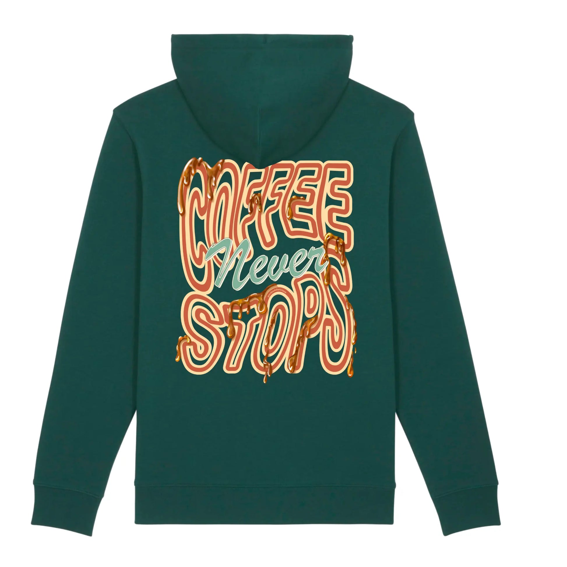 Hoodie groen met koffie tekst Coffee Never Stops op achterkant 2.