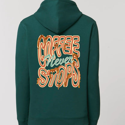 Hoodie groen met koffie tekst Coffee Never Stops op achterkant 3.