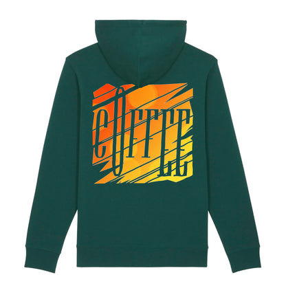 Hoodie organic groen met unieke koffie print op rug. Productafbeelding achterkant.