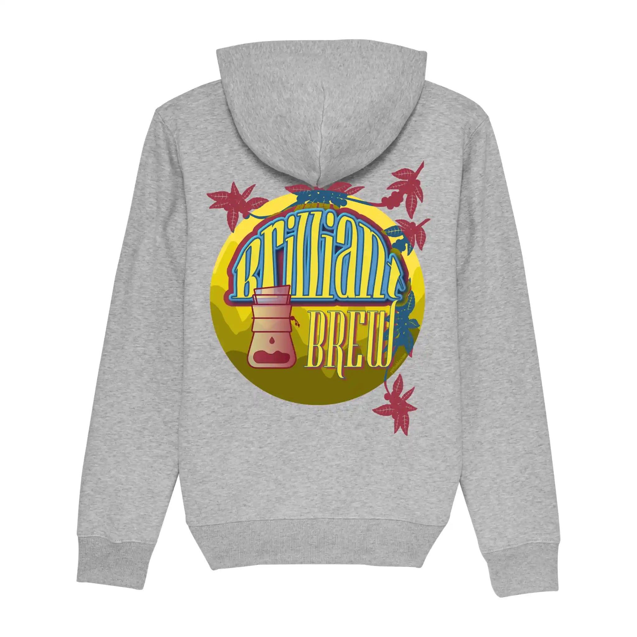 Hoodie organic heather grijs met koffie afbeelding van Chemex en Brilliant Brew tekst op achterkant. Debaristashop en Geertjandebaristman. Productafbeelding achterkant.