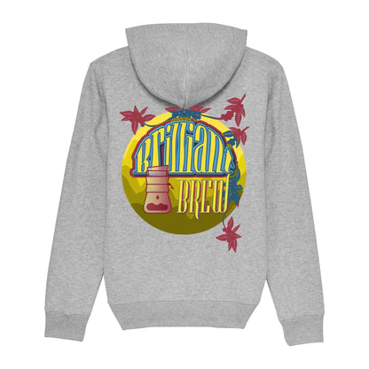 Hoodie organic heather grijs met koffie afbeelding van Chemex en Brilliant Brew tekst op achterkant. Debaristashop en Geertjandebaristman. Productafbeelding achterkant.