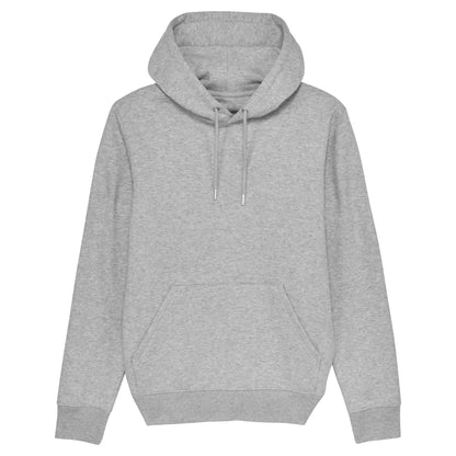 Hoodie organic heather grijs met koffie afbeelding van Chemex en Brilliant Brew tekst op achterkant. Debaristashop en Geertjandebaristman. Productafbeelding voorkant 2.