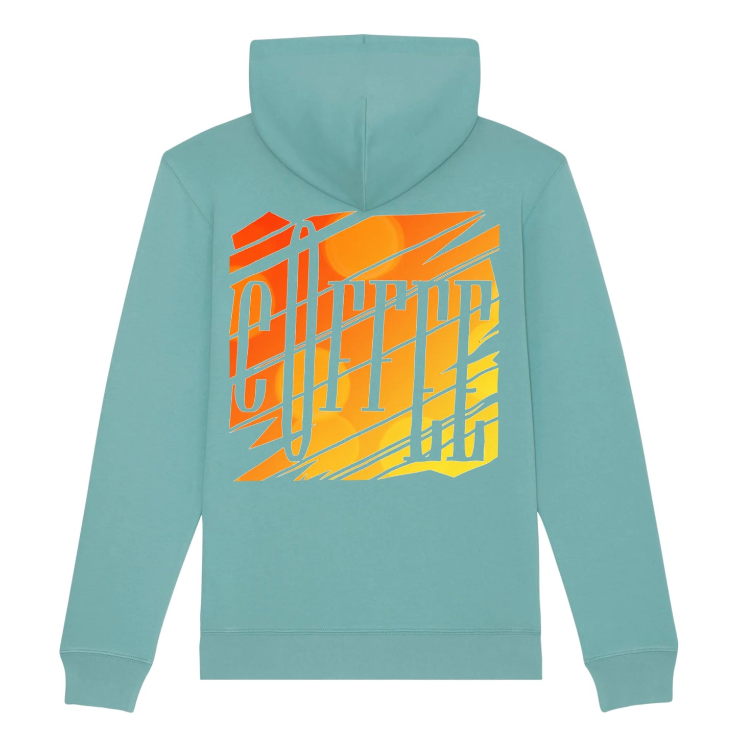 Hoodie organic licht groen met unieke koffie print op rug. Productafbeelding achterkant.